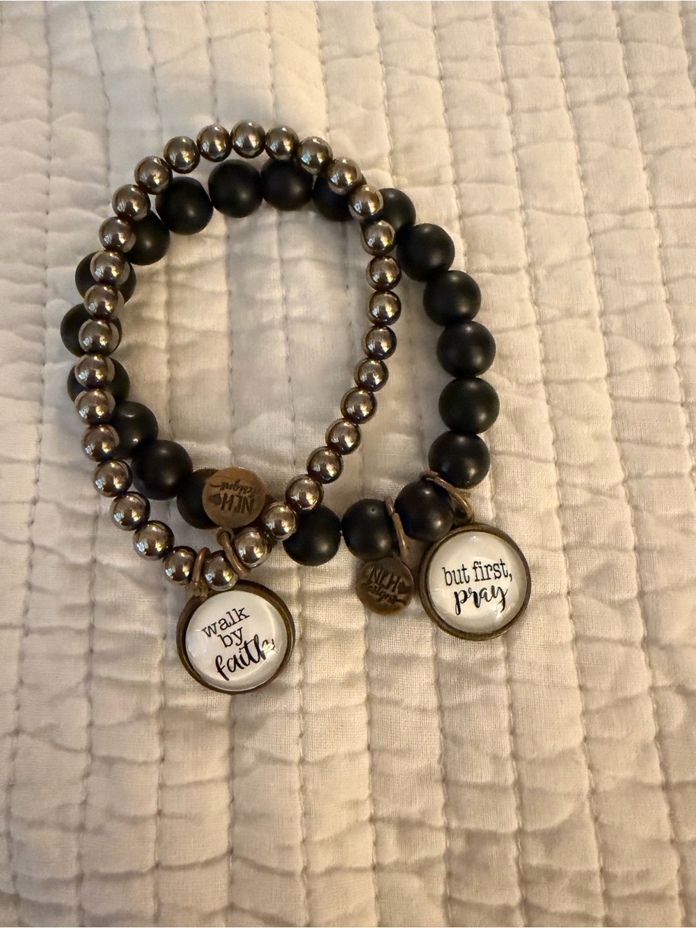 Inspirational Beaded Stretch Bracelet Duo - Black & Metallic